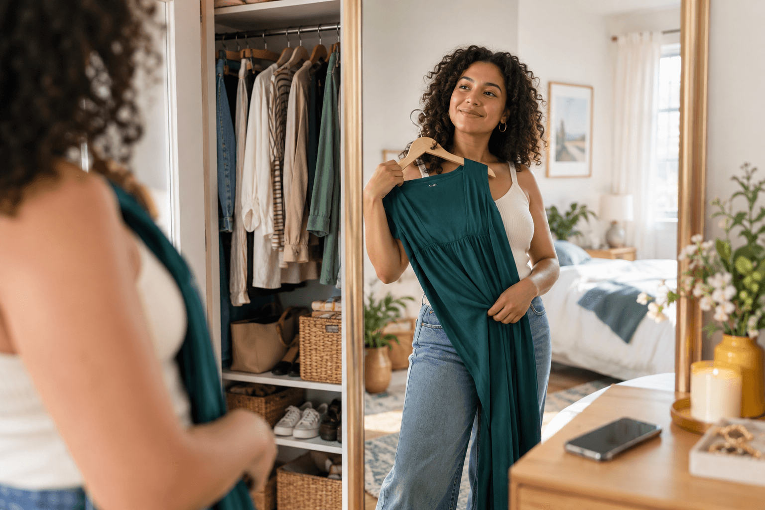 A person choosing clothes with more confidence in a bright bedroom
