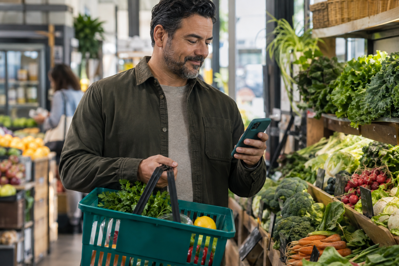 A person choosing groceries with a phone in a neighborhood market