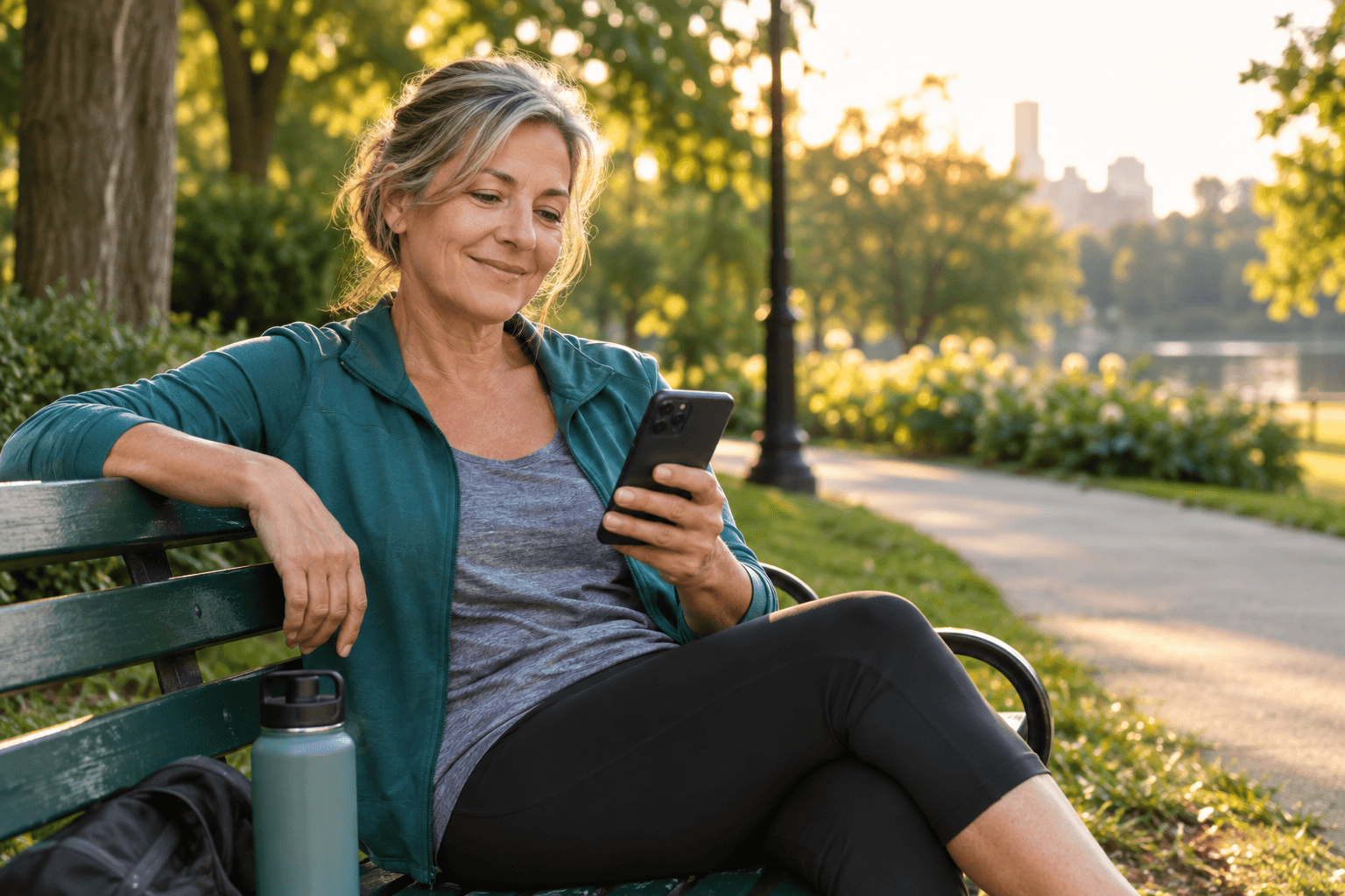 A person checking their phone after a walk in the park